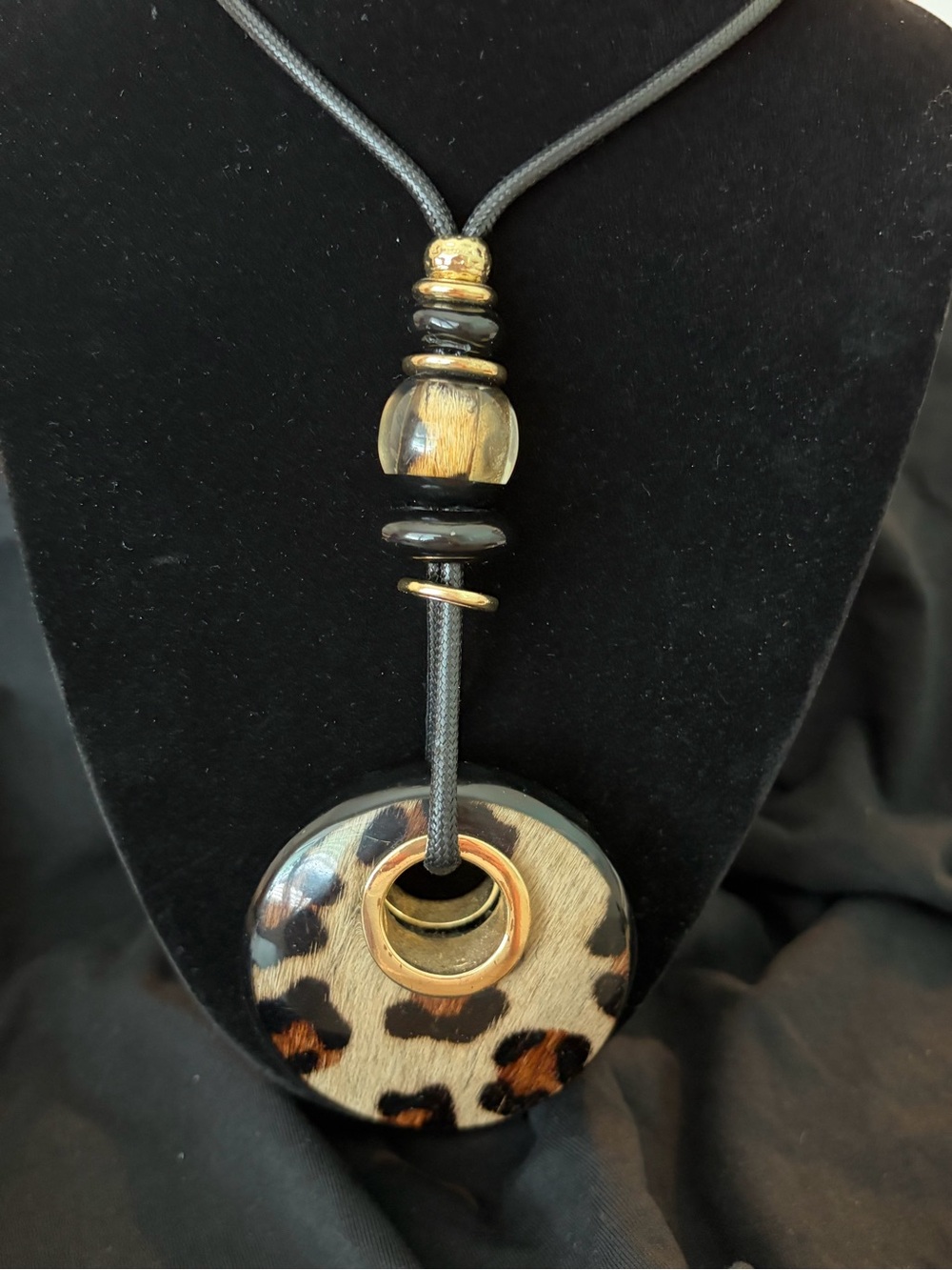 Chico's Leopard-Print Pendant Necklace with Black and Gold Accents
